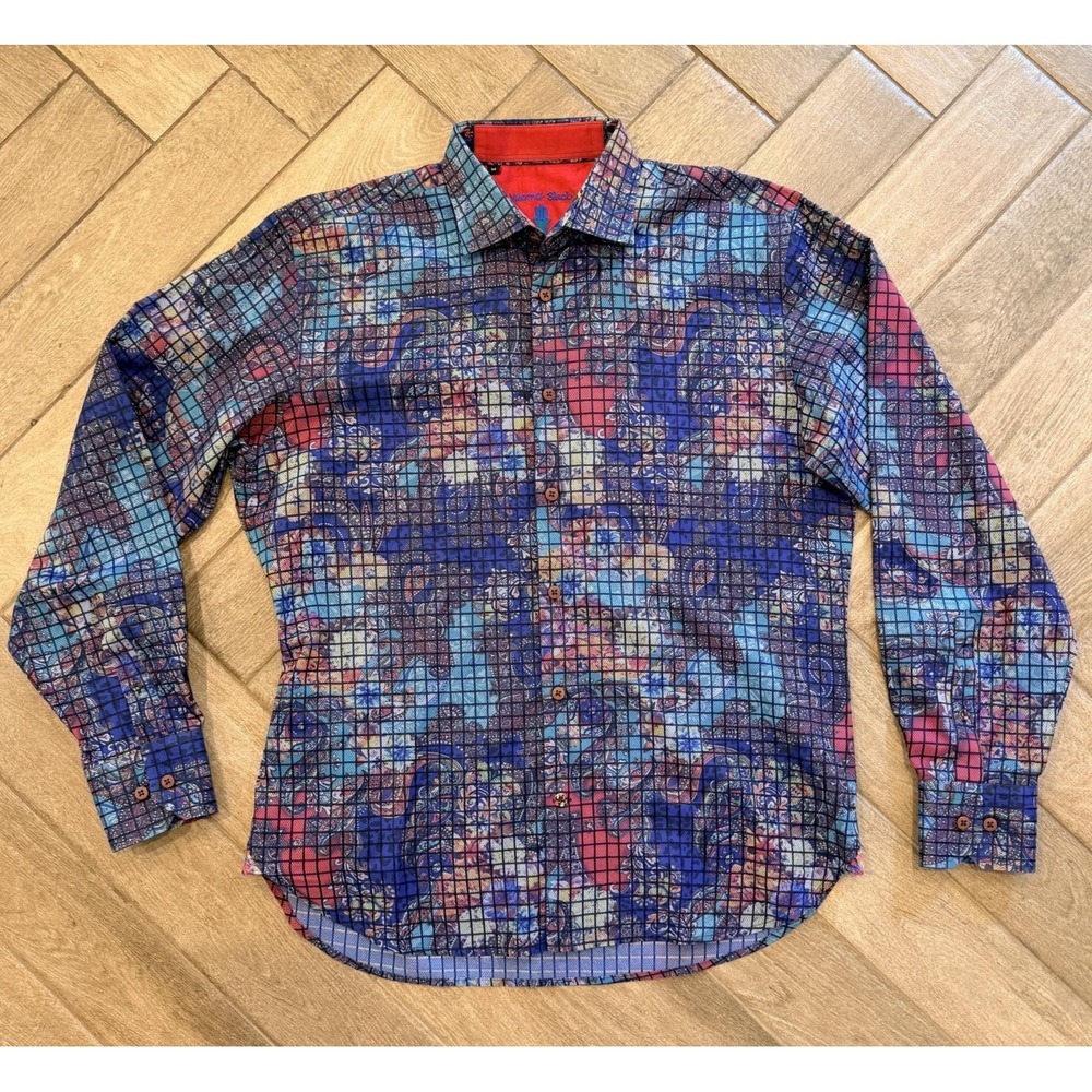 Luchiano Visconti Shirt Mens Medium Blue Paisley Button Up Long Sleeve Casual